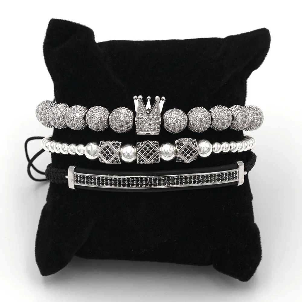 8MM CZ set silver Мода роскошный Римский Королевский браслет с шармом с короной для мужчин Золотой Плетеный Регулируемый мужской браслет для хип хоп ювелирный подарок - Metal Color: 8MM CZ set silver