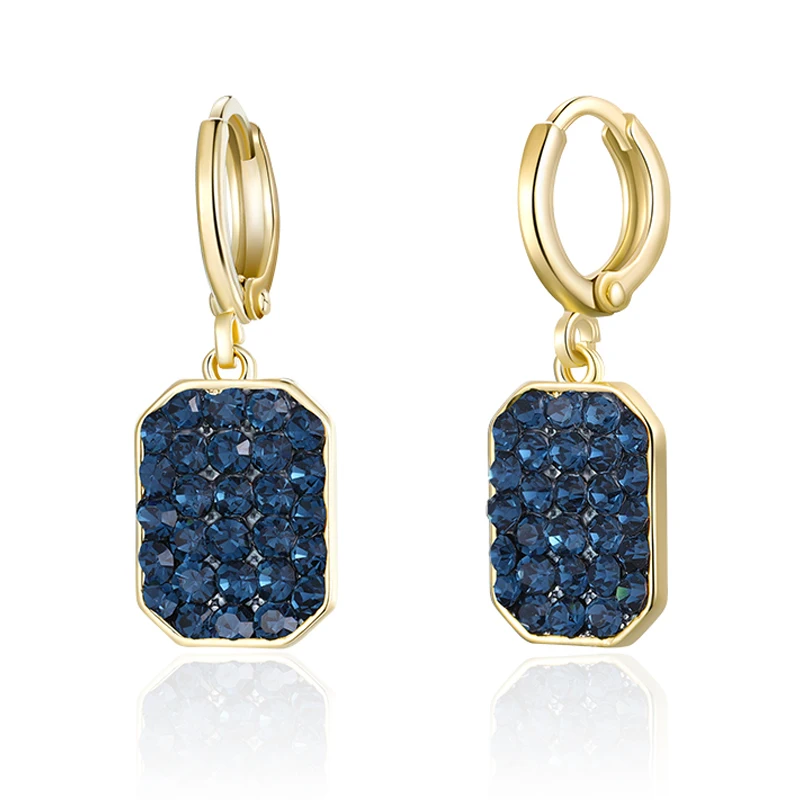 Новые модные квадратные золотые висячие серьги выложенные фианитами синие