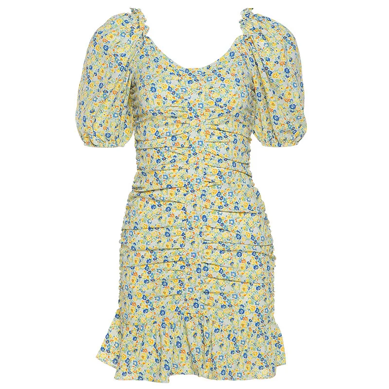 

Cottagecore One-shoulder Mini Dress Ruffled Floral Summer Mini Dress for Women Short Sleeve Elegant Temperament Commuter Dress