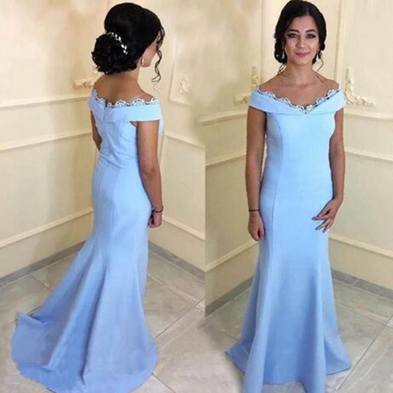 

Mermaid Mother of the Bride Dress Light Sky Blue Lace Spandex Off Shoulder Formal Evening Prom Gowns Custom Size Wedding Party