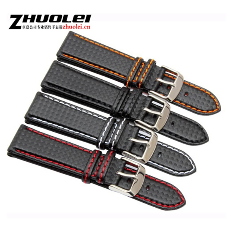 New 18mm 20mm 21mm 22mm 23mm Durable Orange Stitching carbon Fiber mens black genuine leather with silver clasp watchband strap