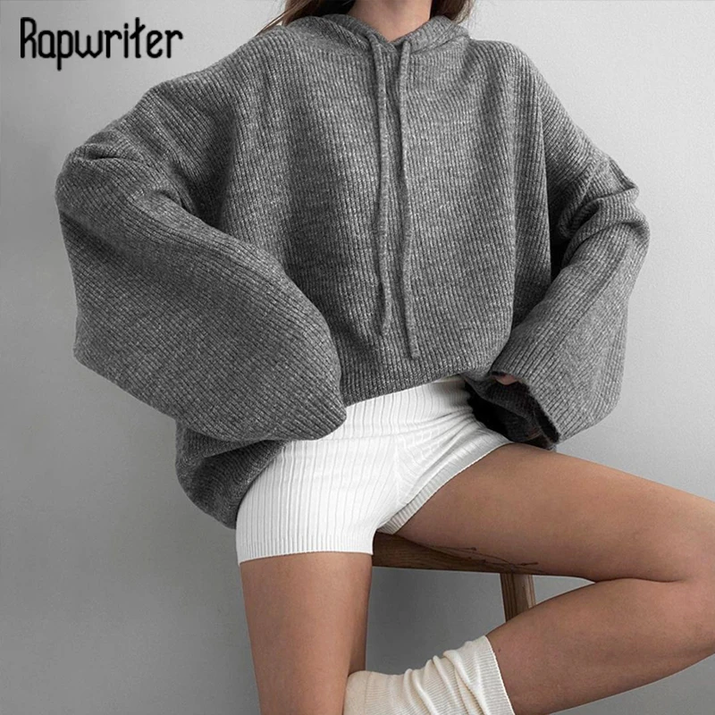 

Rapwriter Casual Gray Sweater Soild Basic Oversized Tops For Women Harajuku Hooded Pullover Female Knitted Jumpers Streetwear