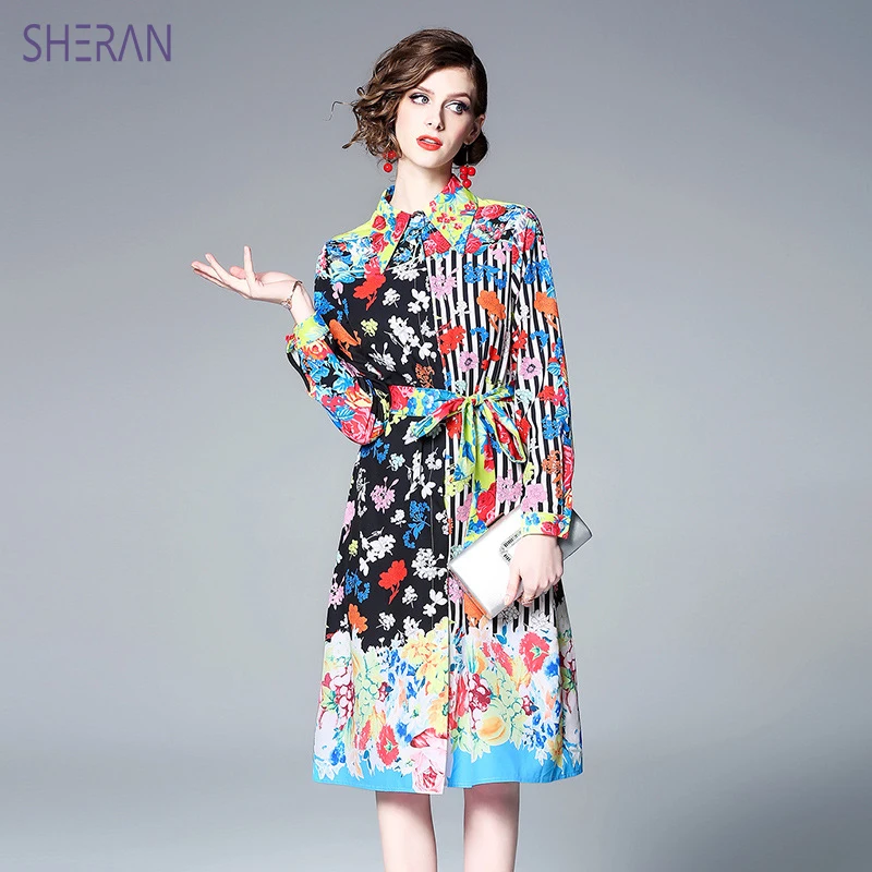 

SHERAN Spring Fashion Runway Vintage Shirt Dress Women's Long Sleeve Beautiful Stripe Flower Print Loose Belted Holiday Dresses