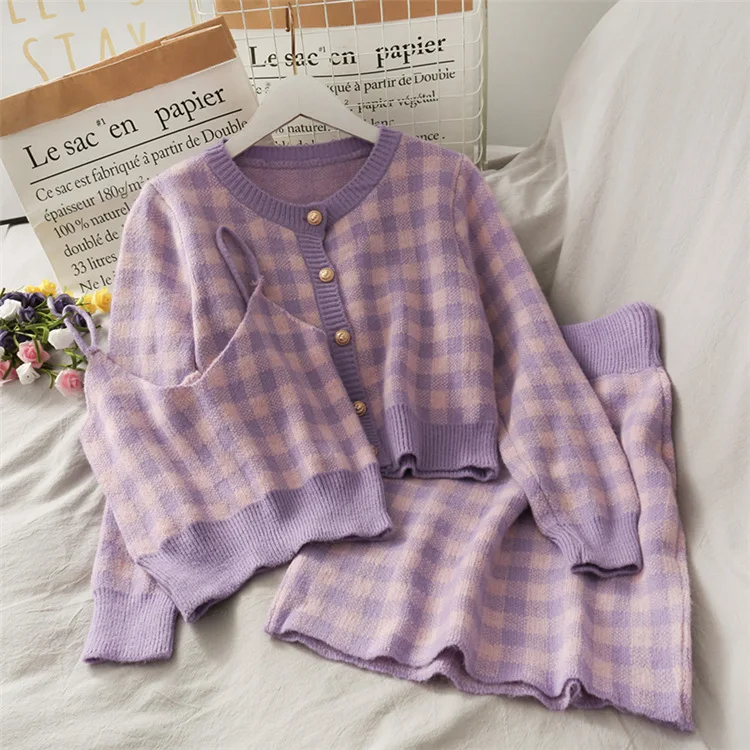 

Small Fresh And Sweet Three Piece Sweater Autumn And Winter Japanese Gentle Wind Plaid Knitting Suit Three Piece Women's New O-n