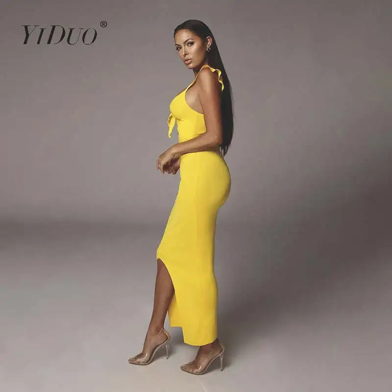 Женское длинное вечернее платье YiDuo красное макси на шнуровке с бантом оборками и