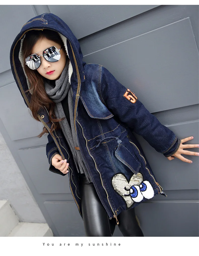Джинсовая куртка для девочек; длинное пальто; детская верхняя одежда с капюшоном и блестками; пальто с рисунком губ; детская куртка; сезон осень-зима; теплое пальто для маленьких девочек