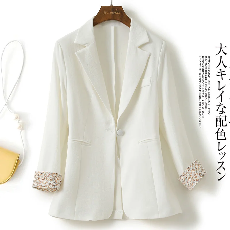 

White In Thin Section Suit Jacket For Women 2021 Summer New Korean Style Slim-Fit Floral Cuff Design Sense Niche Suit Blazer