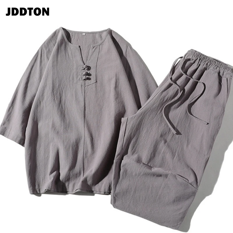 Костюм JDDTON мужской из хлопка и льна свободный комплект одежды двух предметов