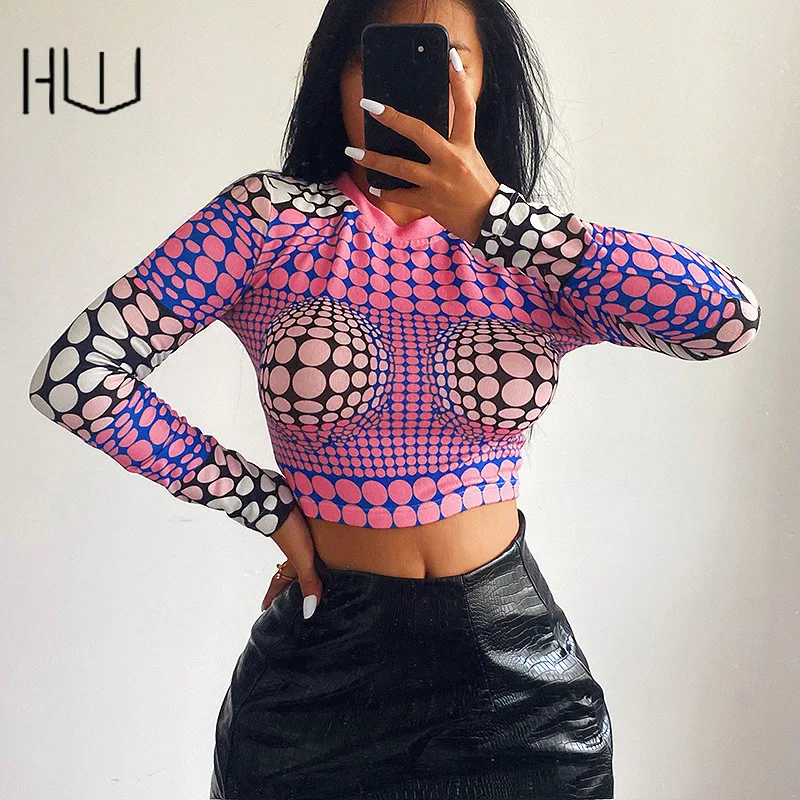 

Long Sleeve Printed Slim Fashion Knitted T-Shirt Crop Tops Short Tops Women's Streetwear Female Clothing Streetwear Clothes