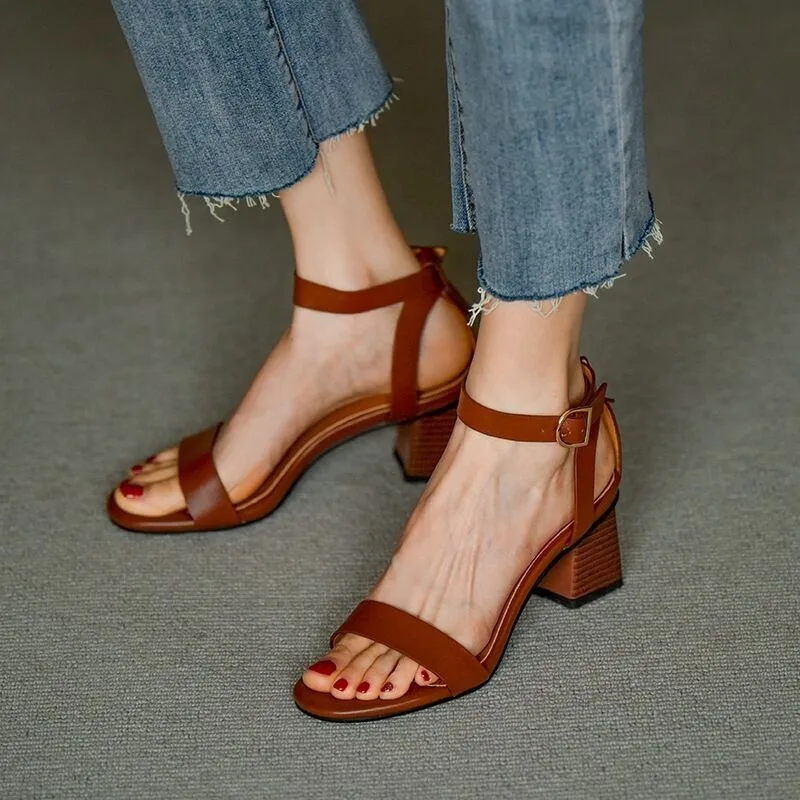 

New Genuine Leather Womens Shoes Casual Buckle Strap Shoes for Women Sandals Thick Heel Ankle-Wrap Handmade Fashion Summer Shoes
