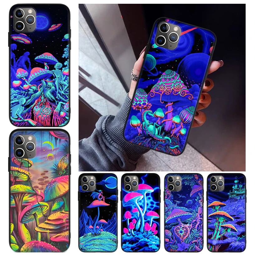 

Weird Mushroom Psychedelic Phone Case For Apple iPhone 11 12 13 Pro X XR XS Max 6 6S 8 7 Plus + Mini 5S SE Black Print Cover Coq