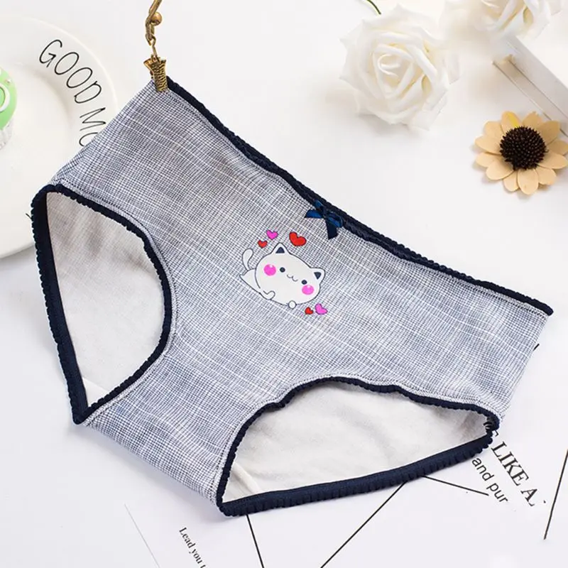 

Women Young Girls Mid Rise Cotton Underwear Sweet Cartoon Cat Cherry Fruit Print Panties Ruffles Trim Mini Bowknot Front Briefs