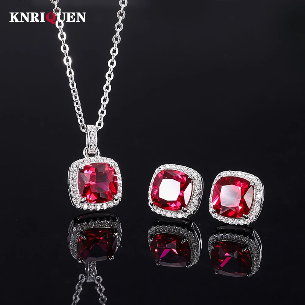 

Charms 100% 925 Sterling Silver 8*8MM Ruby Gemstone Pendant Necklace Earrings Wedding Party Fine Jewelry Set Gift for Girlfriend