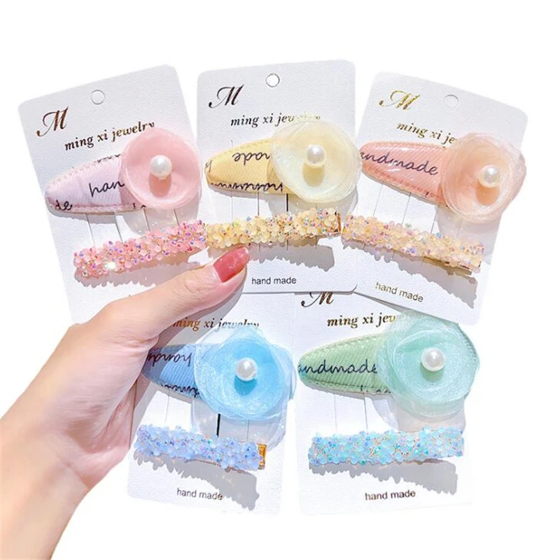 

2 pcs/set Pearls Rhinestone Fashion Hair Clips For Women Girls Korean Style Lace Flower BB Hairpins Headwear Hair Accessories