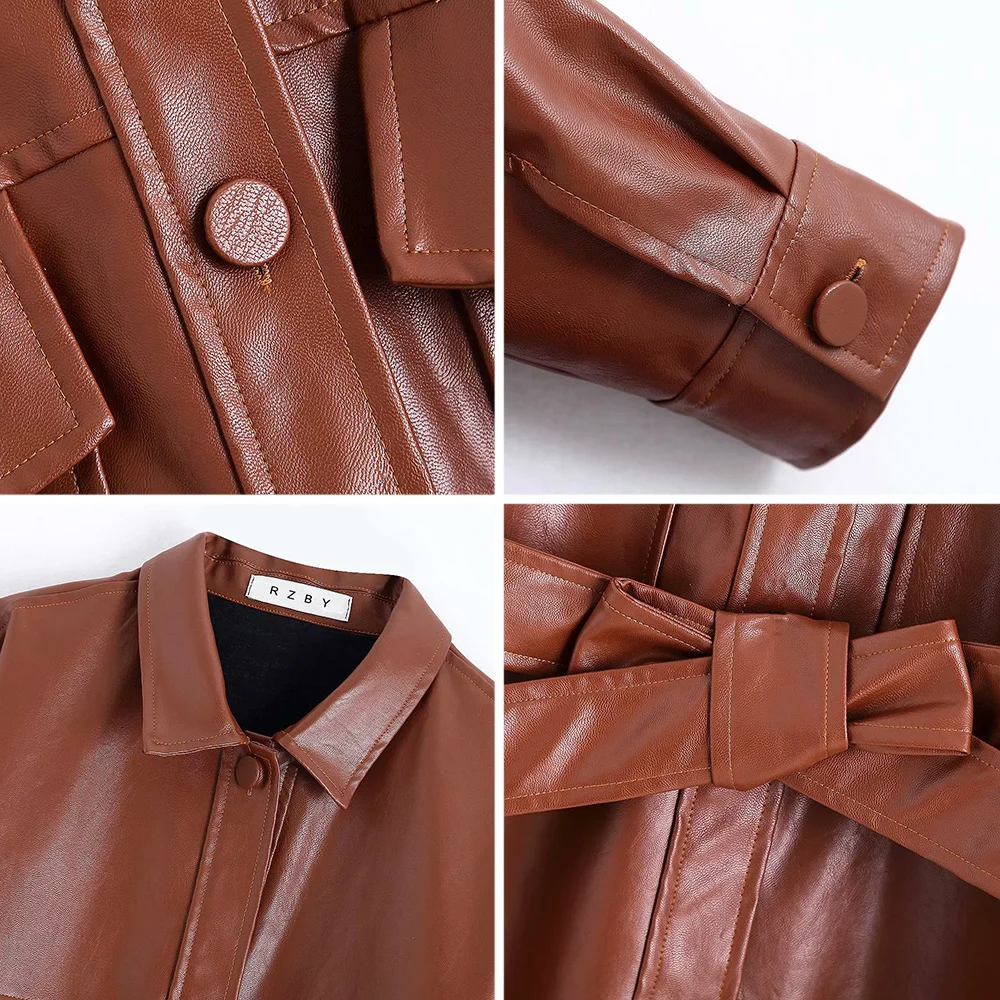 Женский Длинный тренчкот из искусственной кожи черный или коричневый с отложным