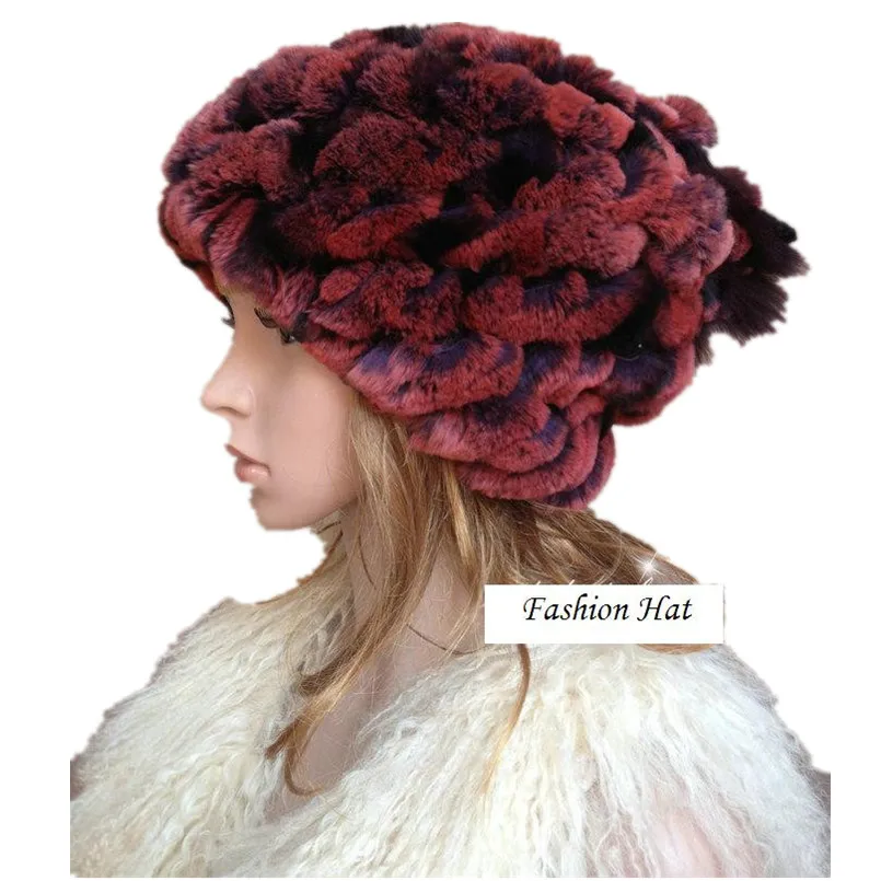 women hat with fur hat scarf with rex rabbit fur,hand knitted female colorful purple autumn winter beanies 4color H22