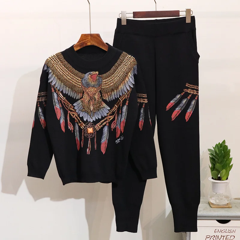 

Women O-neck Long Sleeve Knit Top+Harem Pants Printed Embroidery Knit Two Piece Set Autumn New 2021 Fashionable 2 Piece Suit