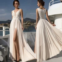 boho a line lace wedding dresses v neck 2021 wedding gown light champagne appliques sleeveless split vestido de noiva 2021