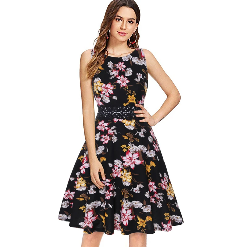 

New Style Women's Elegant Office Lady Elasticity Vintage Print Sleeveless Lace Knee-Length O-Neck 2020 Summer Dresss For Girls