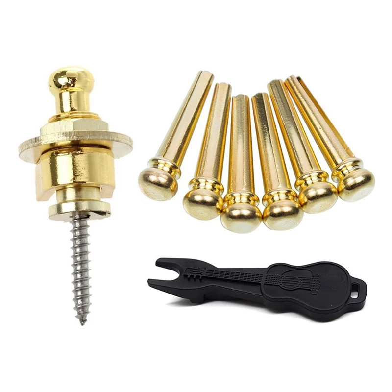 

1Pcs Screw Type Guitar Parts Strap Lock Gold Tone & 6Pcs Copper Endpin 6 String Pegs with Guitar Replacement Parts