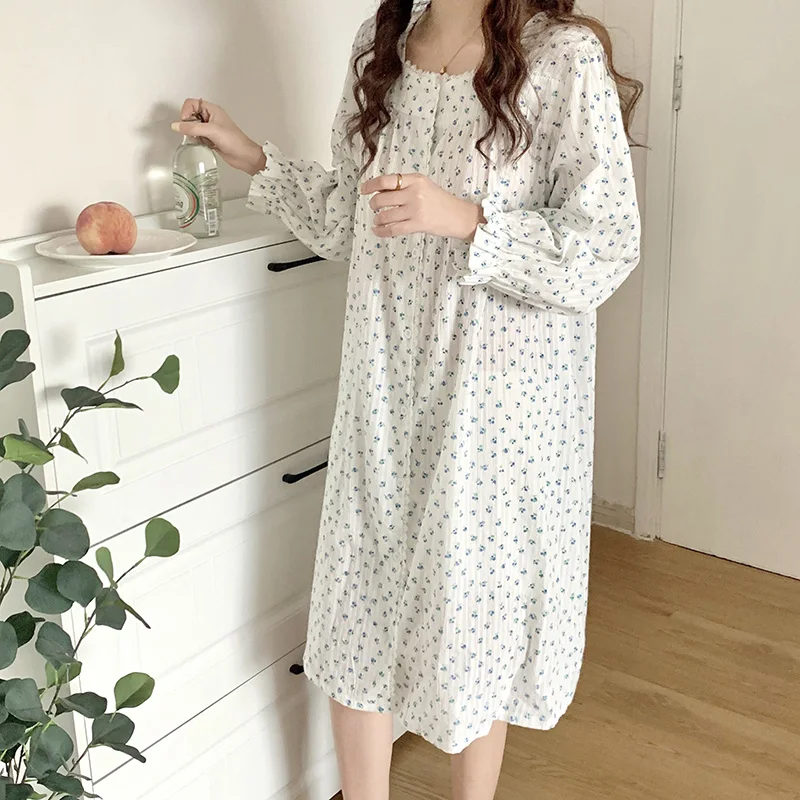 

Square Collar Autumn Pajamas Set Women Korean Floral Print Long Sleepwear Knee-Length Loose Vintage Kawaii Homewear Cotton