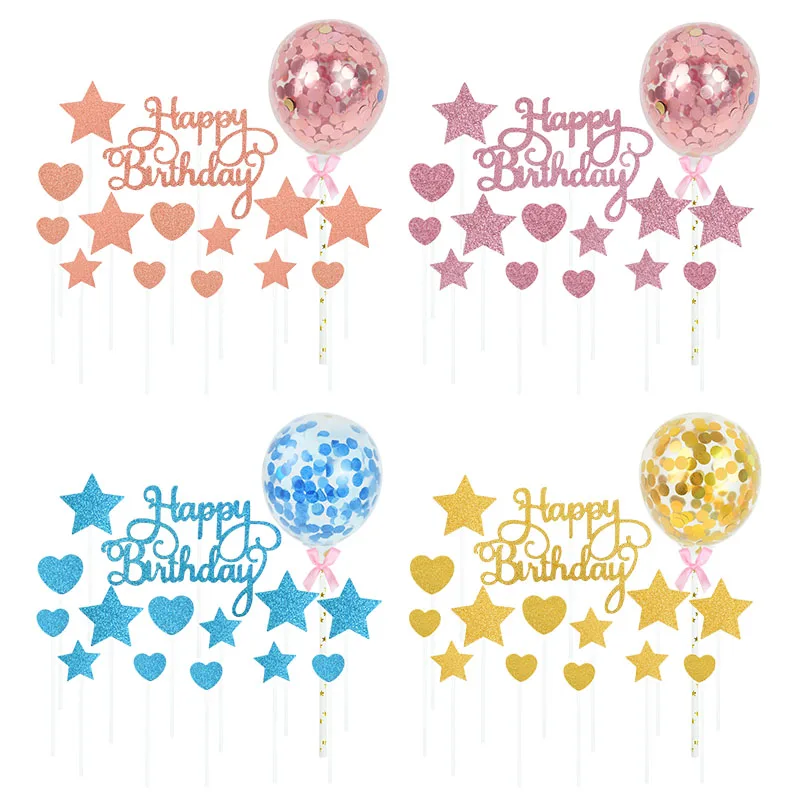 

Happy Birthday Cake Toppers DIY Confetti Balloon Cake Decorating Cupcake Flag Adult Kids Birthday Decor Supplies