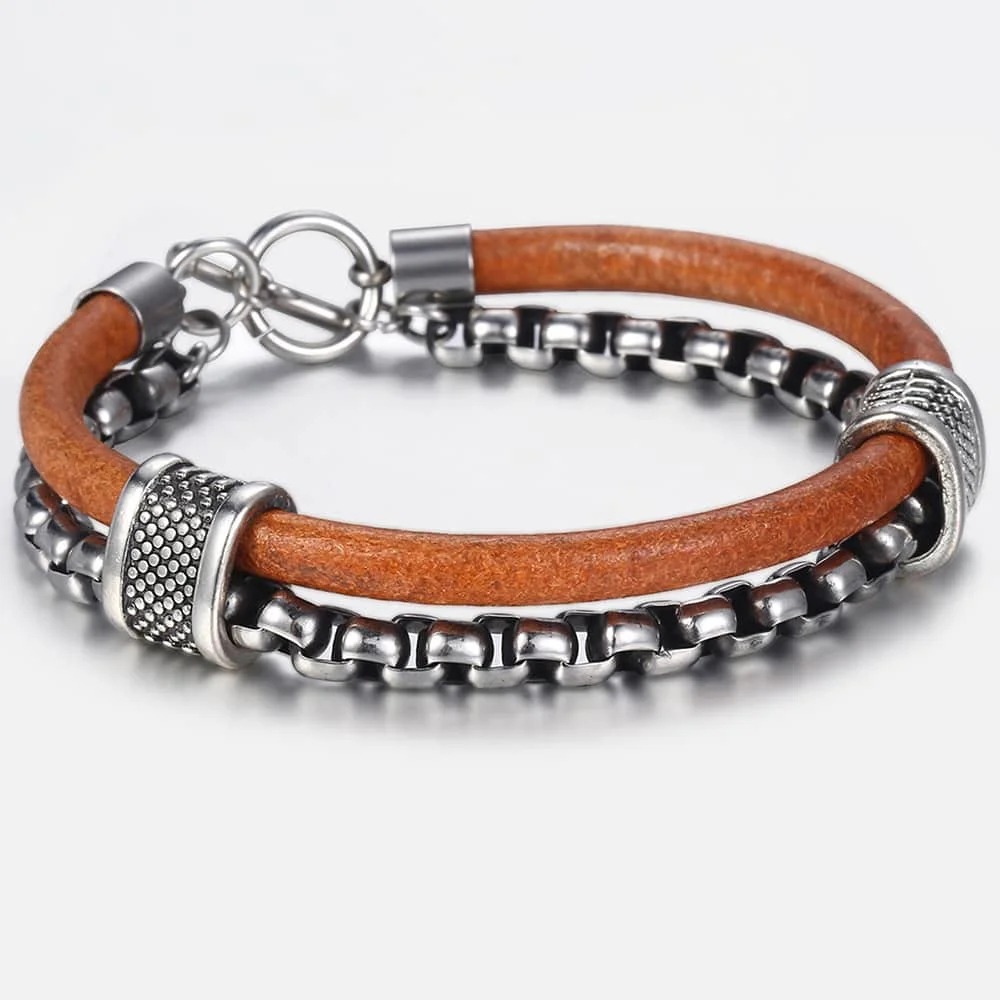 Мужской кожаный браслет с черным кубическим цирконием из нержавеющей стали