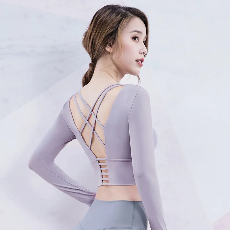 Рубашки для йоги тренировочный топ с открытой спиной укороченный длинным