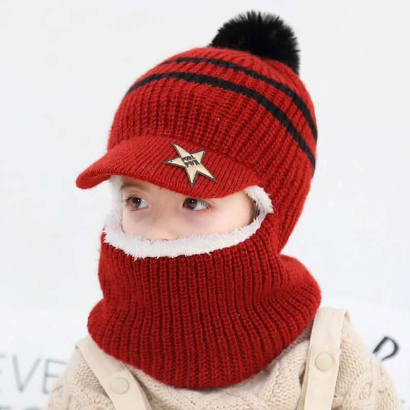 Зимняя детская шапка, шарф для девочек и мальчиков, вязаная шапка для младенцы, малыши, дети, теплая Милая модная Круглая Шапка со звездами, вязаная грелка для шеи 2-5 лет