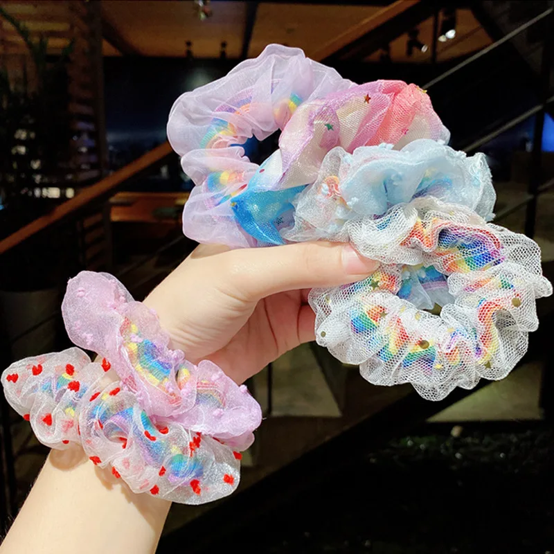 

New children's rainbow daisy ins mesh double hair ring color large intestine ring girl hair rope head rope