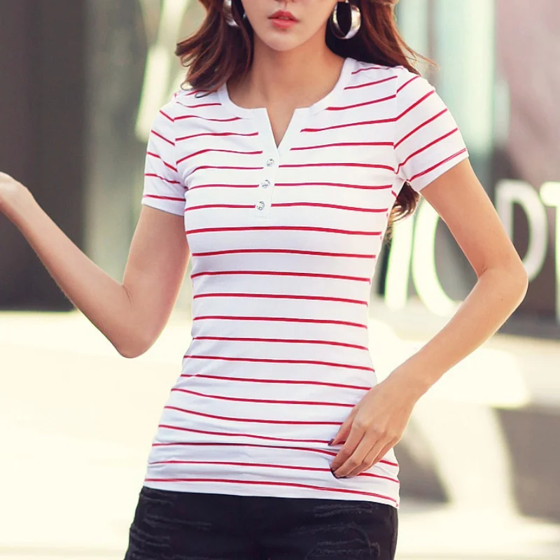 

Fashion Women Tshirt 2020 Casual Striped Short Sleeve V-Neck Tops Plus Size Wild Female Wild Summer T-shirt