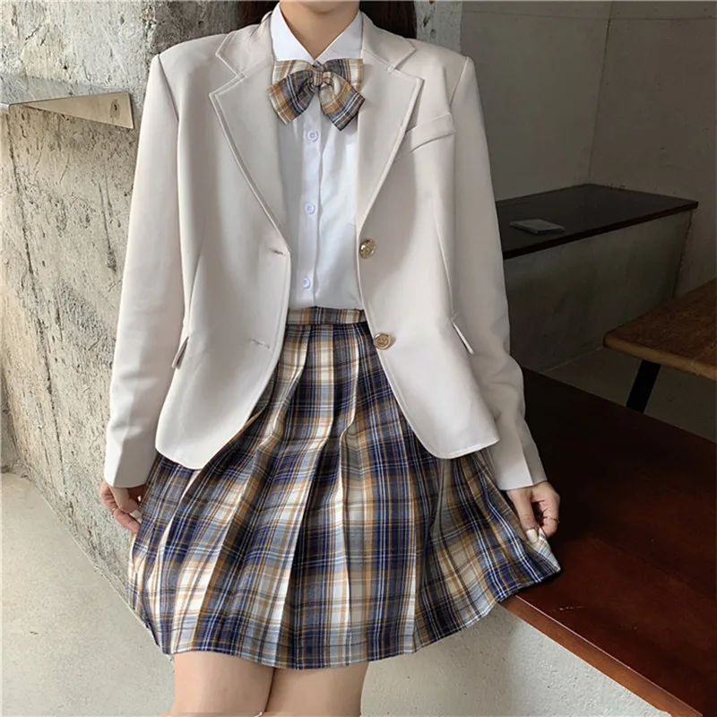 

Preppy Style JK Uniform Teen Girls Students Blazer and Pleated Plaid Skirt Set Suit Autumn Long Sleeve Two Piece Woman Dress