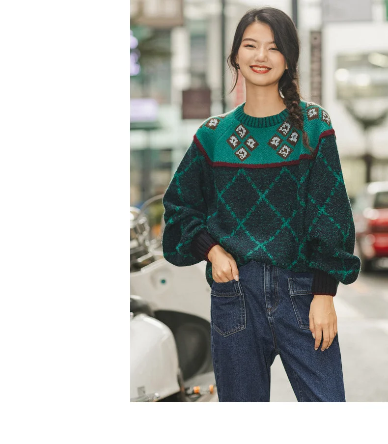 INMAN Winter New Arrival Literary O-neck Jacquard Contrast Color Thick Loose Women Pullover