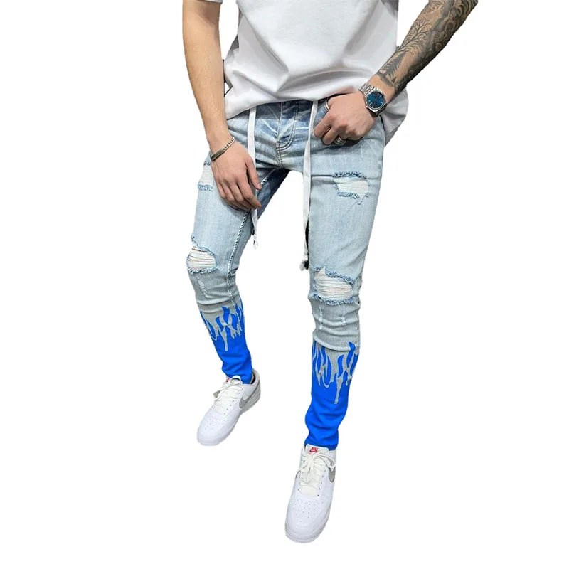 New Fashion Mens Jeans Flame Print Fashion Personalized Denim Pants Men Lace-up Slim Hole Jeans Casual Plus Size Pencil Pants