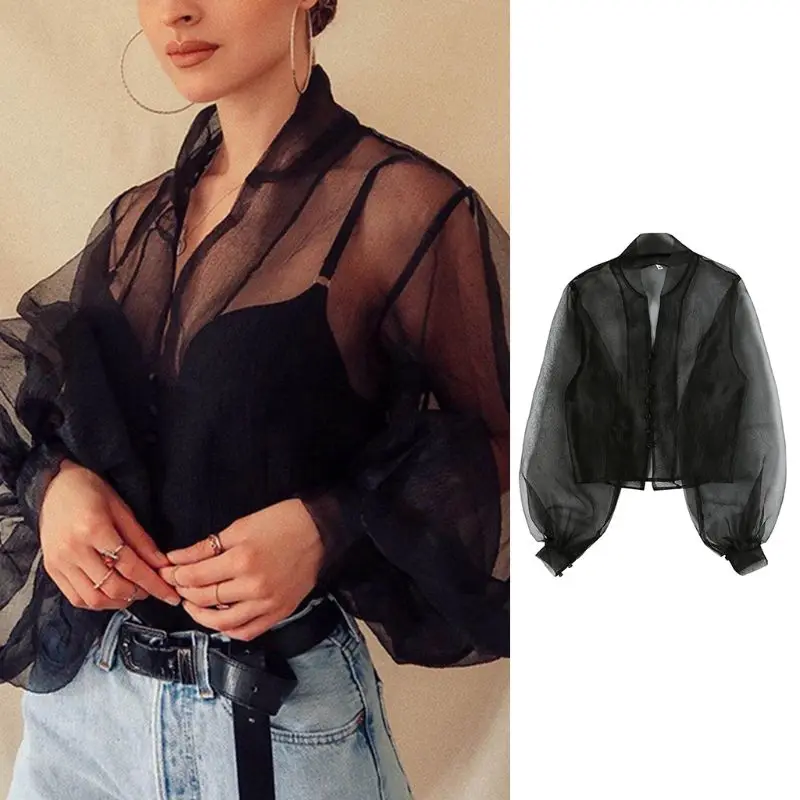 Для женщин пузырь с буфами на рукавах сексуальная прозрачная марлевая Топ