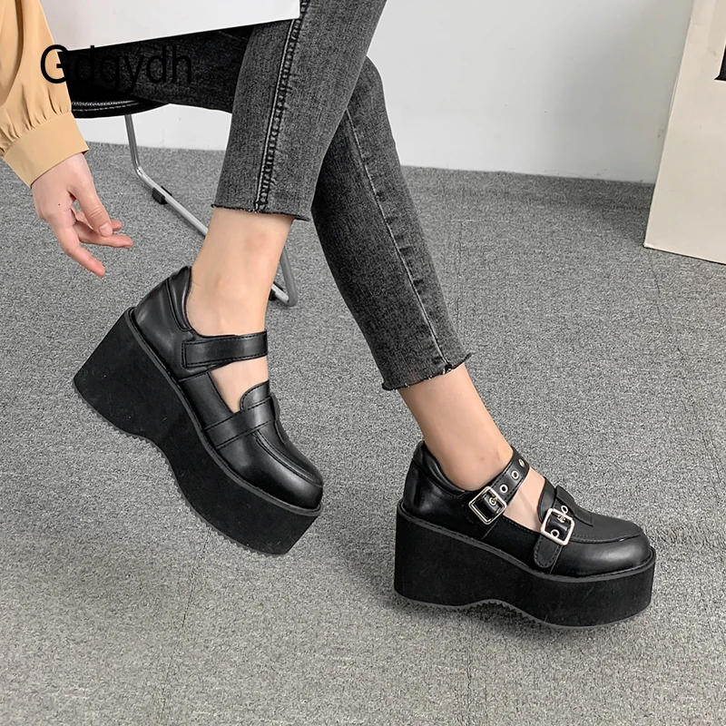 

Gdgydh Pumps Women Shoes Lolita Goth Platform Wedges Heels Fashion Buckle Street Style Round Toe Shoes Thick Sole Comfortable