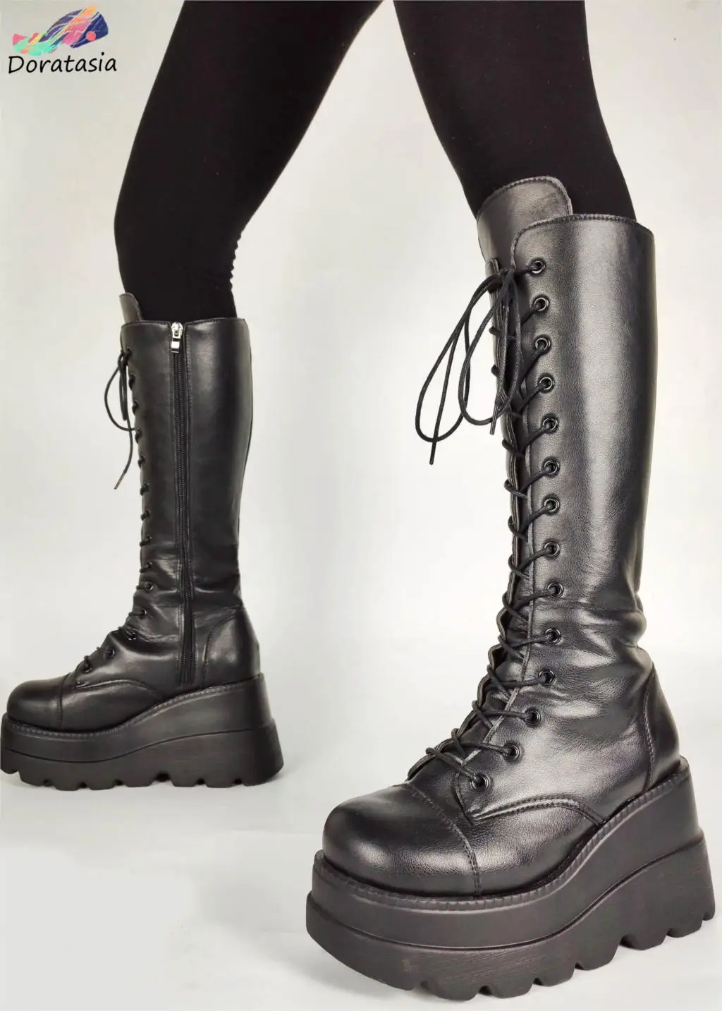 Женские брендовые роскошные ботинки DORATASIA черные на платформе и толстой подошве