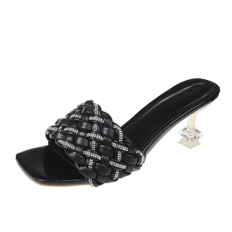 

Slippers Women Summer Low Shoes Luxury Slides Big Size Heeled Mules Square Toe Pantofle Shale Female Beach Designer High 2021 Sa