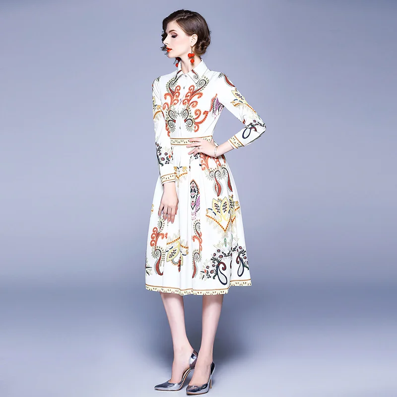 В винтажном стиле С принтом женские осеннее платье с длинными рукавами