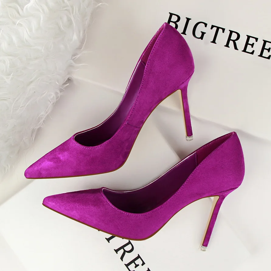 

Basic high heels 2019 new shoes Women pointed toe slip on Flock pumps Female Fashion wedding party shoe purple Red Sexy