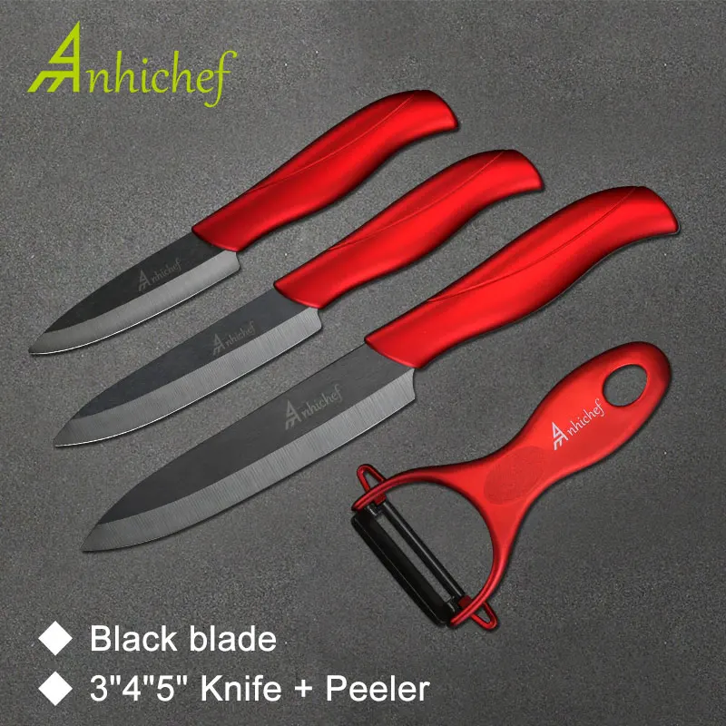 Red and Black Anhichef, керамический кухонный нож, черное лезвие, нож для очистки овощей, нож для нарезки+ Овощечистка, кухонные ножи, набор инструментов для приготовления пищи - Цвет: Red and Black