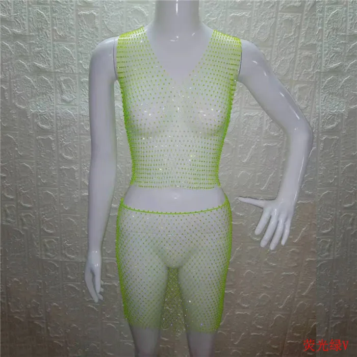 neon green V-neck Блестящие Кристальные Стразы, женская одежда, сетчатые Прозрачные топы, клетчатые сексуальные мини юбки, летний комплект из 2 предметов, Клубные, трендовые - Цвет: neon green V-neck