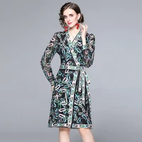 2022 spring dress polyester fiber print v neck long sleeve temperament slim and knee length dress elegant womens party