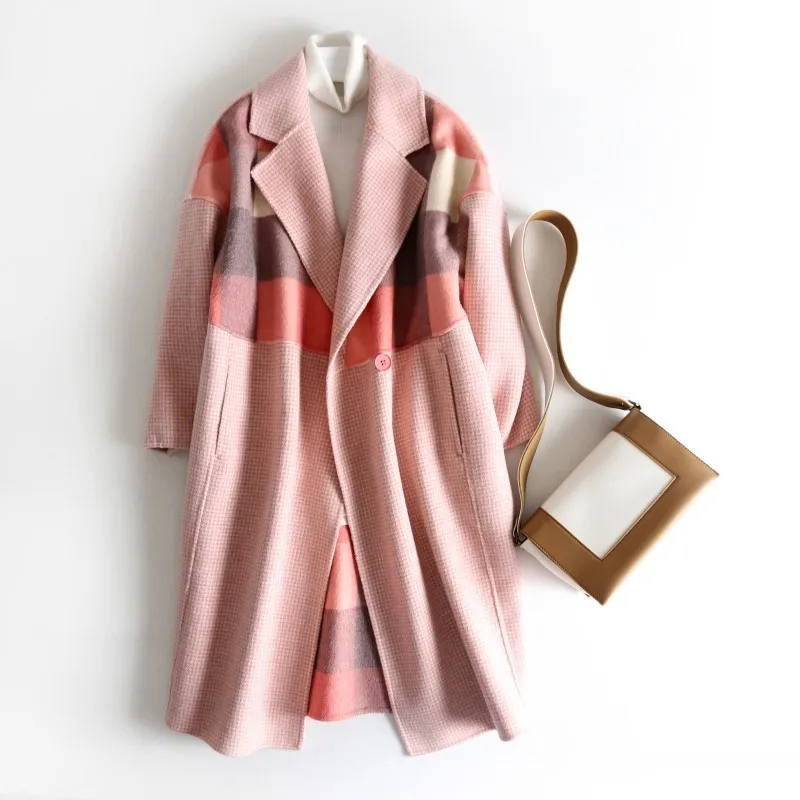 

Plaid Korean double-sided 100% cashmere overcoat thousand birds Plaid Wool overcoat medium and long wool overcoat for women