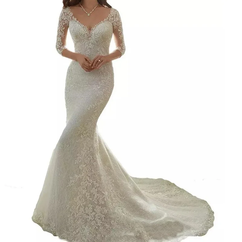 

V-Neck Lace Sheer Long Sleeves Mermaid Wedding Dresses Backless Plus Size Satin Wedding Dress Sweep Train Bride