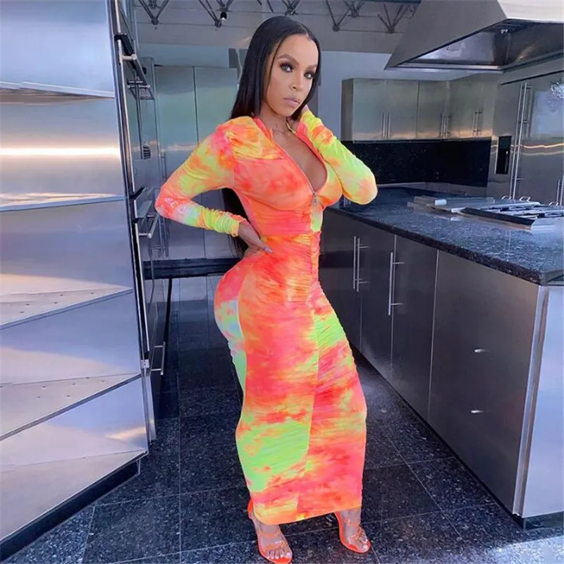 

Fashion Tie Dye Ruched Maxi Dresses Women 2020 New Summer Autumn V-neck Fashion Clubwear Sexy Party Dress Skinny Bodycon Dresses