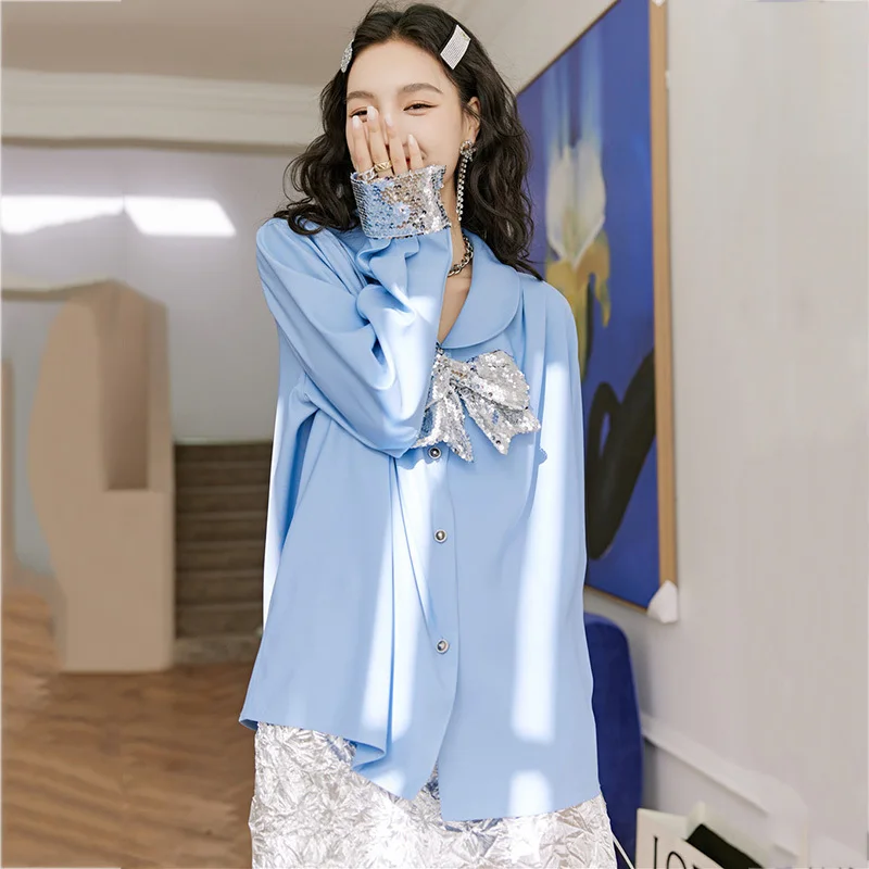 

LANMREM Women Blue Bow Big Size Blouse New Lapel Long Sleeve Loose Fit Lady Shirt Fashion Tide Spring Summer 2021 2E1690