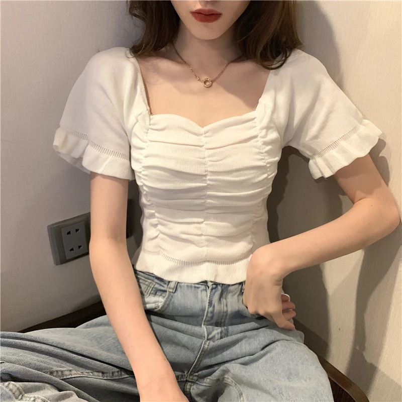 

Woman T-shirts Knitted T Shirts Women Solid Square Collar Petal Sleeve Female Tops Casual Slim Women's Clothing Summer 2021