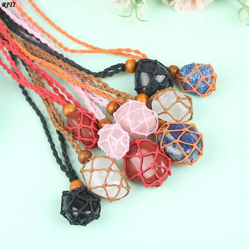 

Natural Crystal Stone Pendant Pink Crystal Hand Woven Rope Pendant Necklace
