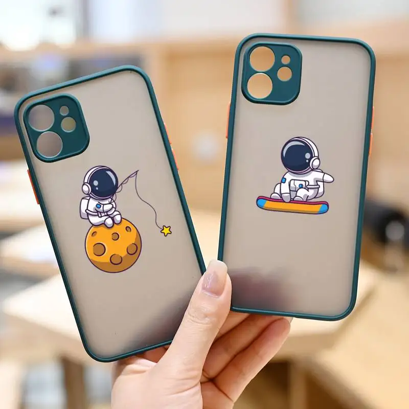 

Fun cartoon astronaut Phone Case Dark green matte transparent iPhone 7 8 x xs xr 11 12 pro plus max mini